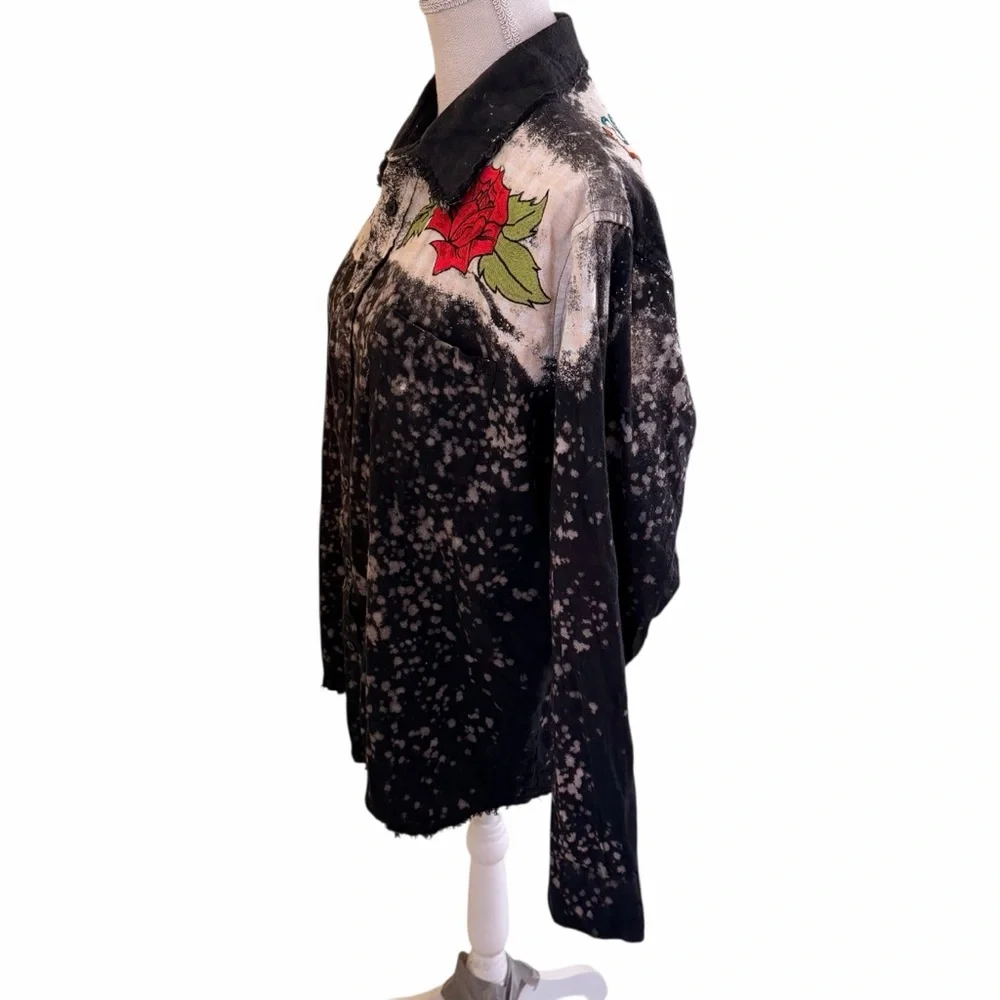 A Rare Bird "Smell the Roses" Distressed Black Flannel Shirt Rose Embroidery - Picture 6 of 12